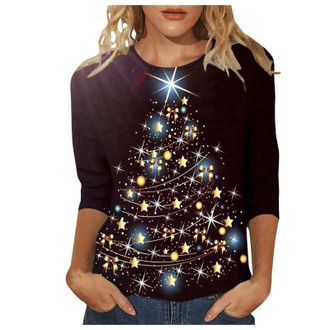 Generic Christmas Jumpers for Women 3/4 Sleeve Top UK Snowflake Print Womens T-Shirts Casual Tunic Top Xmas Tree Printed Sweatshirt Crewneck Pullover Loose Ch