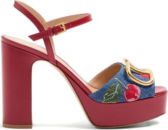 Valentino Garavani 115mm Cherryfic-embroidery VLogo-signature platform sandals - women - Calf Leather/Calf Leather/Calf Leather/Fabric - 38.5 - Blue