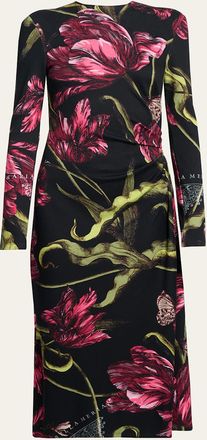Erdem Floral Long-Sleeve Draped Midi Dress