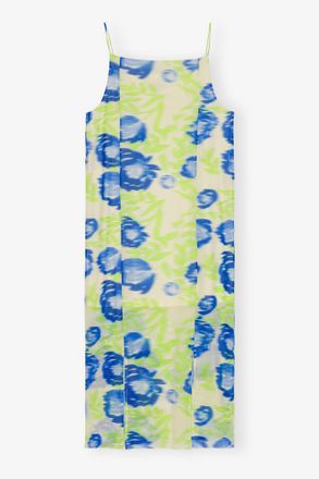 Ganni Blue Printed Mesh Slip Dress - Size 10/12 Recycled Nylon