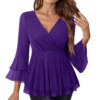 Generic Womens Sequin Tops UK Sparkly V Neck Blouses Pleated Elegant 3/4 Flared Sleeve Tunic Top Ladies Loose Double Layers Mesh Shirts Shiny Glitter Tee Shir