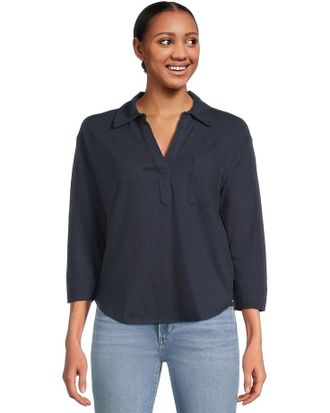 L.L.Bean L. L.Bean T-Shirt WomensNavy Linen BlendSleeve Split Neck Pullover BUU965