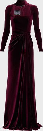 Monique Lhuillier Square-Neck Long-Sleeve Velvet Scarf Gown