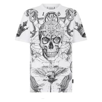Philipp Plein Tops, Heren, Wit, XL, Katoen, Rondhals T-shirt Tattoo