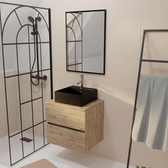 Aurlane Aurlane - Mueble Ba&ntilde;o 60cm 2 Cajones Roble + Lavabo Negro 41x41x15cm + Espejo 60x80cm