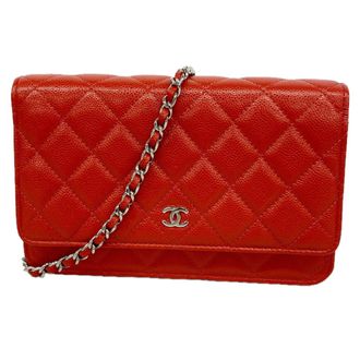 Chanel Red Color Grained Calfskin Chain/Shoulder Wallet (Pre-Owned)