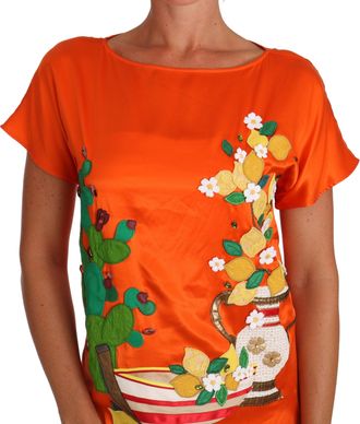 Dolce & Gabbana Womens Silk Orange Lemon Crystal T-Shirt Top