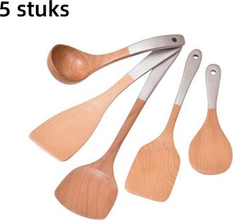 OEM Juego De 5 Piezas, Sart&eacute;n Antiadherente, Esp&aacute;tula Para Wok, Cuchara Para Arroz, Cuchar&oacute;n Para Sopa, Juego De Esp&aacute;tulas De Madera, Color Madera