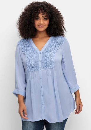Sheego Crepebluse SHEEGO BY JOE BROWNS, Damen, Gr. 40, blau (himmelblau), 100% Viskose, Spitze:100% Baumwolle, unifarben, V-Ausschnitt, Blusen Crepebluse