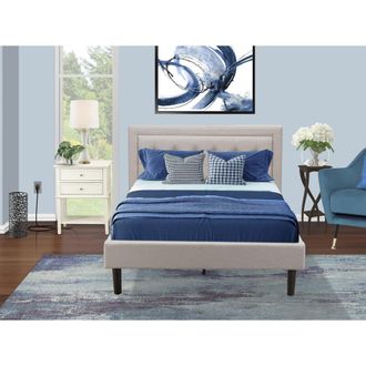 East West Furniture FN08F-1VL0C 2-Piece Platform Full Size Bed Set with 1 Full Bed and an End Table for bedroom - Mist Beige Linen Fabric
