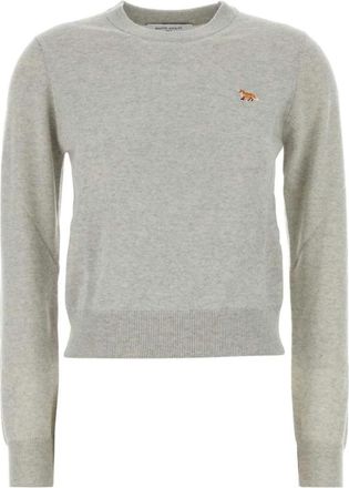 Maison Kitsun&eacute; Trui met vos-patch en ronde hals - Dames - Ronde hals truien - Grijs - M - Wol - Truien & Vesten