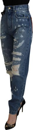 Dolce & Gabbana Womens Blue Tattered Skinny Denim Cotton Jeans Clothing