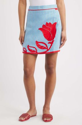 Farm Rio Blue Sky Stripes Floral Appliqu&eacute; Linen Blend Wrap Miniskirt at Nordstrom, Size Xx-Small