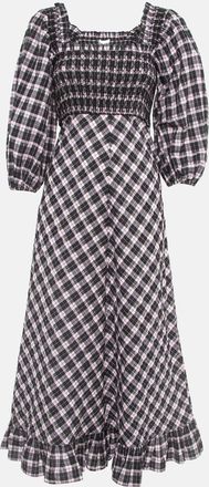 Ganni Ganni Black/sweet Lilac Checked Cotton Blend Smocked Seersucker Maxi Dress