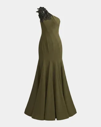 Mac Duggal Seamed Crepe One-Shoulder Gown