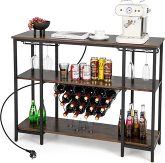 Costway Costway Armario Bar De Vinos, Gabinete Para Vinos Con 2 Portavasos Para 15 Botellas, Estantes Industrial Para Botellas Con Estaci&oacute;n De Carga, Para Vin