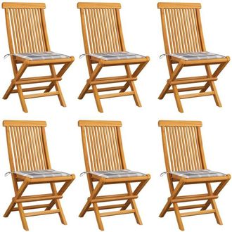 vidaXL Vidaxl - Sillas De Jard&iacute;n 6 Uds Madera De Teca Y Cojines A Cuadros Gris