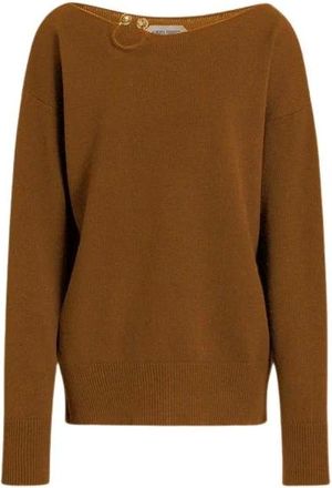 Alberta Ferretti Wool- silk and cashmere Jumper with floral brooch - female - Alberta Ferretti - Round-neck Knitwear - Brown - 2XL - Knitwear