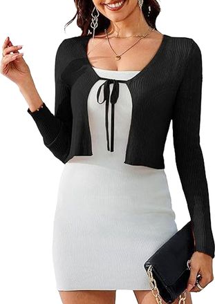 Generic Womens Shrug Sweaters Tie Front Long Sleeve Elegant Rib Knit Bolero Open Front Cropped Cardigan 2025 Trendy Black