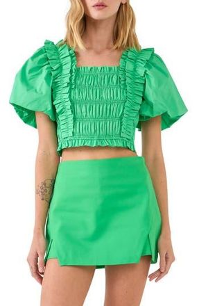 endless rose Smocked Puff Sleeve Crop Top in Green at Nordstrom Rack, Size Medium