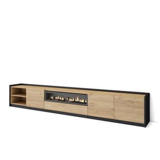 Skraut Home Mueble tv efecto madera roble negro 310x37x50cm chimenea efecto fuego