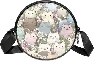 Generic Circle Crossbody Bag for Women, Cute Colored Cats Small Sling Bag Daypack with Zipper Adjustable Shoulder Straps Casual Ladies Girls Round Purse