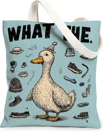 Generic Fanciful Duck Canvas Tote Bags, Funny Animal Pattern Reusable Grocery Bags, Lightweight Washable Shoulder Strap Canvas for, Blue, 13x15 Inch