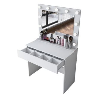 Dmora Toeletta Veggiano, Mueble De Tocador Con Espejo, Un Caj&oacute;n, Luces Incluidas, 90x45x77h Cm Blanco
