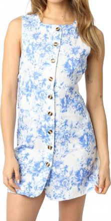 Olivaceous Toile Floral Buttons Dress In White And Blue