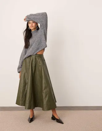 Asos crinkle PU full midi skirt in khaki green-Multi