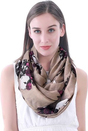 Lina & Lily Skull Rose Print Womens Infinity Scarf Lightweight Snood (Khaki)