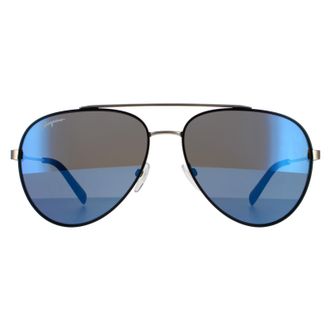 Ferragamo zonnebril SF204S 001 Black Matte Dark Ruthenium Flash Blue Sky