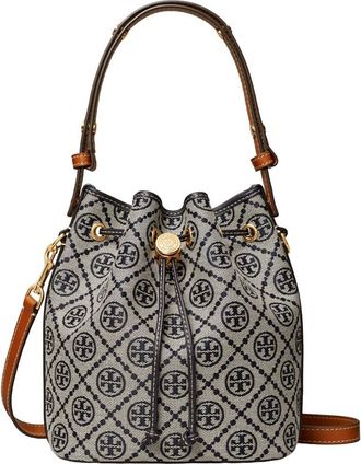 Tory Burch Navy Blue T Monogram Small Bucket Bag