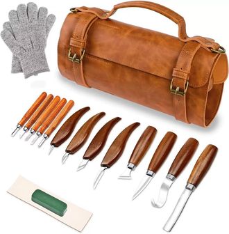 No Brand Juego De 17 Herramientas Para Tallar Madera Con Bolsa De Cuero, Que Incluye 3 Cinceles, 8 Cuchillos De Tallar Y 5 Cuchillos De Detalle