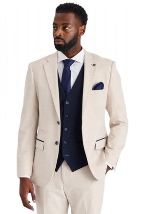 PAUL ANDREW Mens Check Cream Blazer Navy Waistcoat Wedding 3 Piece Suit - Regent