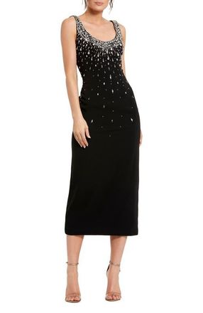 Mac Duggal Beaded Crepe Scoop Neck Sleeveless Sheath Midi Dress in Black at Nordstrom, Size 14