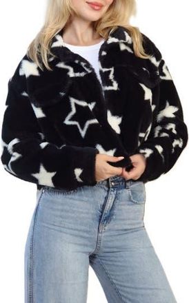 Stoosh Printed Faux Fur Trucker Jacket in Black/White Star at Nordstrom Rack, Size X-Large