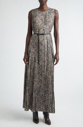 Lafayette 148 New York Leopard Print Accordion Pleat Belted Satin A-Line Dress in Brownstone Multi at Nordstrom, Size X-Small