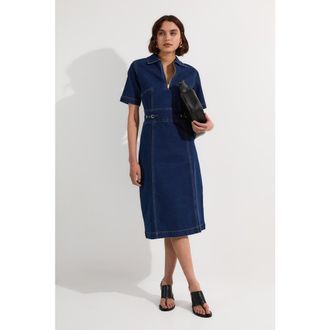 Karen Millen Trim Collared Denim Midi Dress in Mid Wash at Nordstrom, Size 6