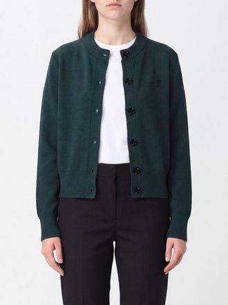 Ami Crewneck Cardigan in Pure Merino Wool with Embroidered Logo