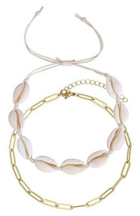 Adornia Set of 2 18K Gold Plated Paper Clip Chain & Shell Anklets in White/Gold at Nordstrom Rack