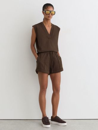 Reiss Chocolate Brown Cotton-blend Drawstring Sweat Shorts, XL