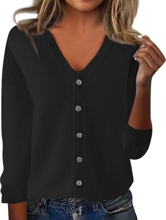 Generic Ladies Cardigans, Cardigans for Women UK Lightweight Long Sleeve V Neck Knit Shrugs Jumper Soft Casual Button Down Open Front Sweaters L Black