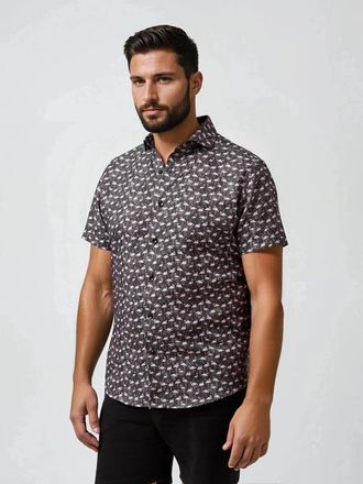 Stone Rose Linen Flamingo Print SS Button-Up Shirt in Black at Nordstrom, Size Xx-Large
