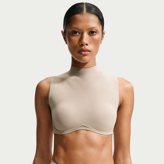 Nike Womens SKIMS Studio Stretch Medium-Support Mock Neck Sports Bra in White | IR8684-096