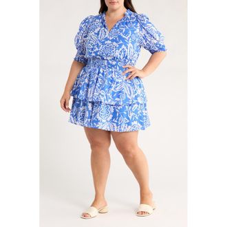 Sugarlips Marny Floral Rai Ruffle Cotton Dress in Blue/white at Nordstrom, Size 3X