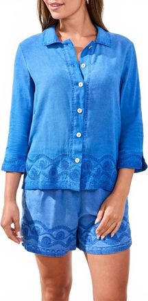 Tribal 3/4 Sleeve Button Front Blouse With Embroidery In Turkish Sea