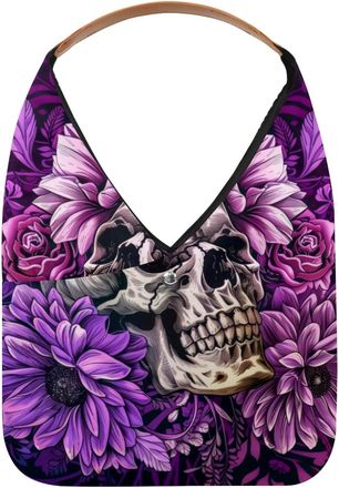 Generic Purple Flower and Skull Reusable Lightweight Grocery Bags - Foldable Into Compact Pouch, Washable & Sturdy, Multipurpose for Shopping and Travel