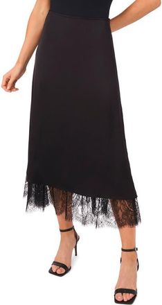 CeCe by Cynthia Steffe Eyelash Lace Trim Midi Skirt in Rich Black at Nordstrom, Size 10