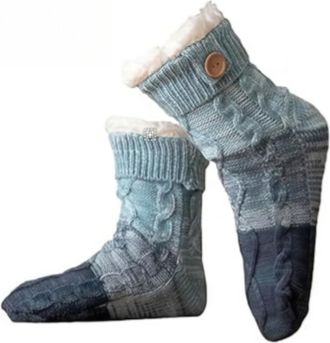 Generic Knitted Ultra-Thick Slipper Home Socks, Tri-Color Knit Patchwork Non-Slip Warm Winter Socks Non-Slip With Fleece Lined (Blue,One Size)